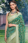 Beautiful Asparagus Green Cotton Linen Blend Saree
