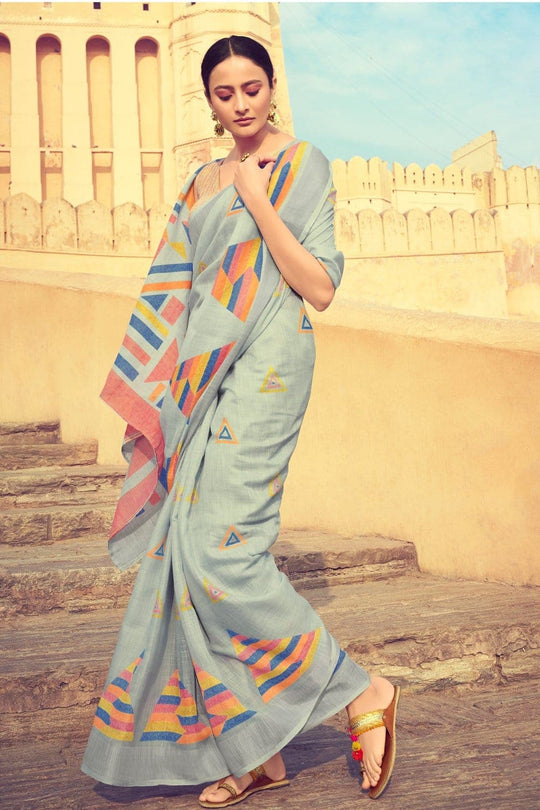 Beautiful Baby Blue Linen Blend Saree