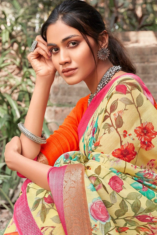 Beautiful Banana Yellow Linen Blend Saree