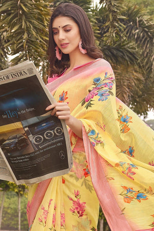 Beautiful Blonde Yellow Linen Blend Saree