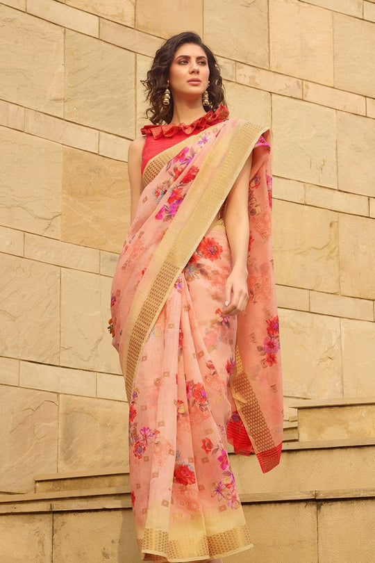 Beautiful Blush Red Linen Blend Saree
