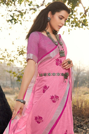 Beautiful Bubble Gum Pink Linen Blend Saree With Kalmkari Work