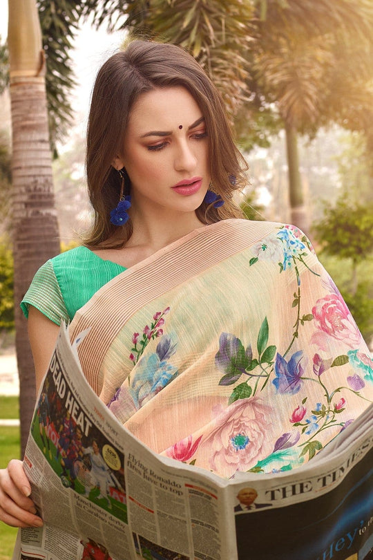 Beautiful Cantaloupe Orange Linen Blend Saree