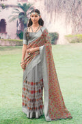 Beautiful Cloudy Grey Cotton Linen Blend Saree