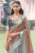 Beautiful Cloudy Grey Cotton Linen Blend Saree