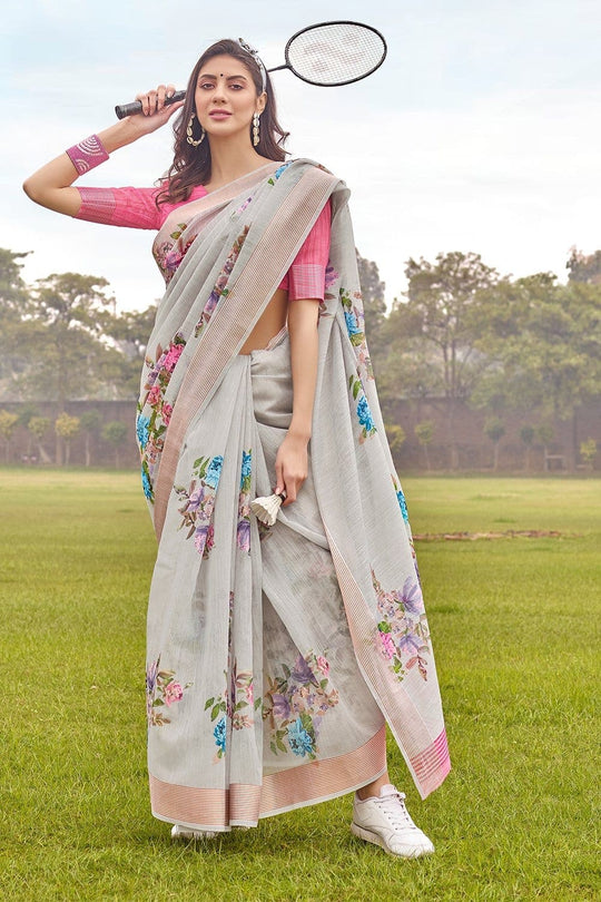 Beautiful Cloudy Grey Linen Blend Saree
