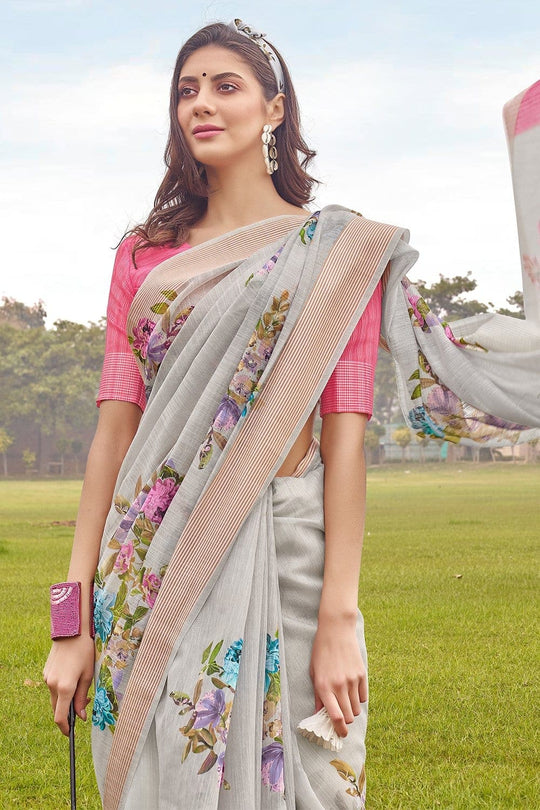 Beautiful Cloudy Grey Linen Blend Saree