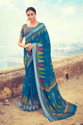 Buy Beautiful cobalt blue linen saree online - Karagiri