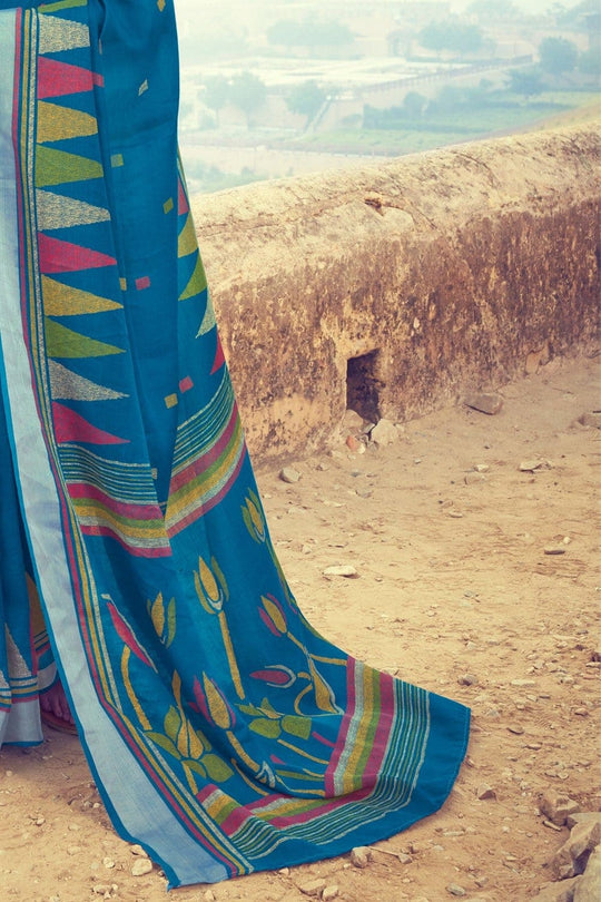 Buy Beautiful cobalt blue linen saree online - Karagiri
