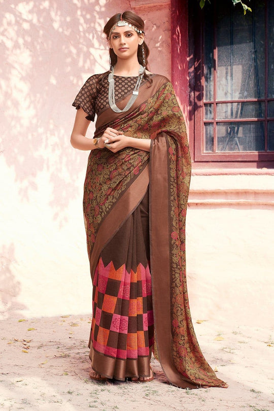 Beautiful Coffee Brown Cotton Linen Blend Saree