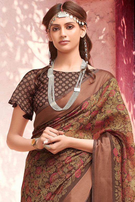 Beautiful Coffee Brown Cotton Linen Blend Saree