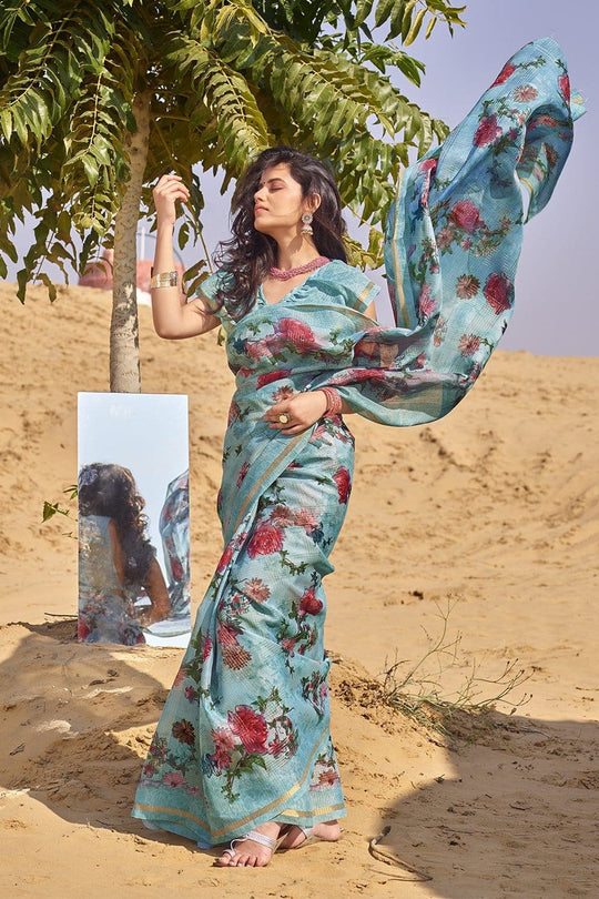 Beautiful Deep Sky Blue Cotton Linen Blend Saree