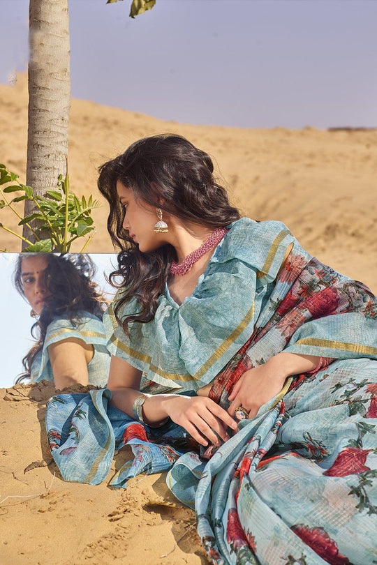 Beautiful Deep Sky Blue Cotton Linen Blend Saree
