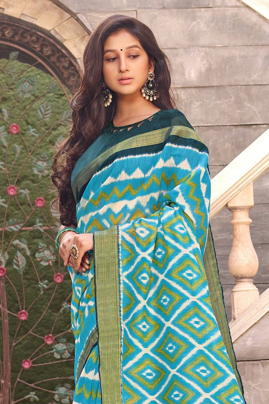 Beautiful Deep Sky Blue Cotton Linen Blend Saree