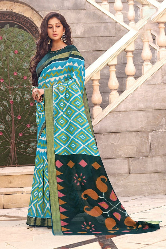 Beautiful Deep Sky Blue Cotton Linen Blend Saree