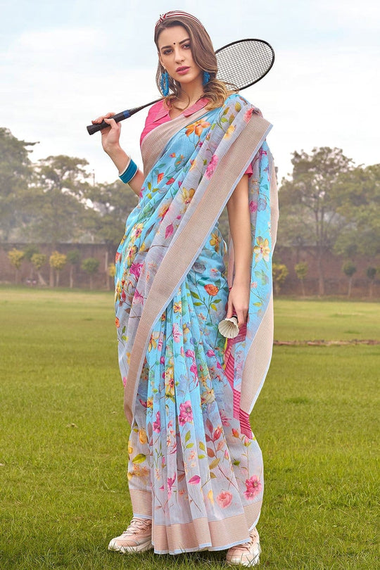 Beautiful Deep Sky Blue Linen Blend Saree