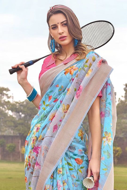 Beautiful Deep Sky Blue Linen Blend Saree