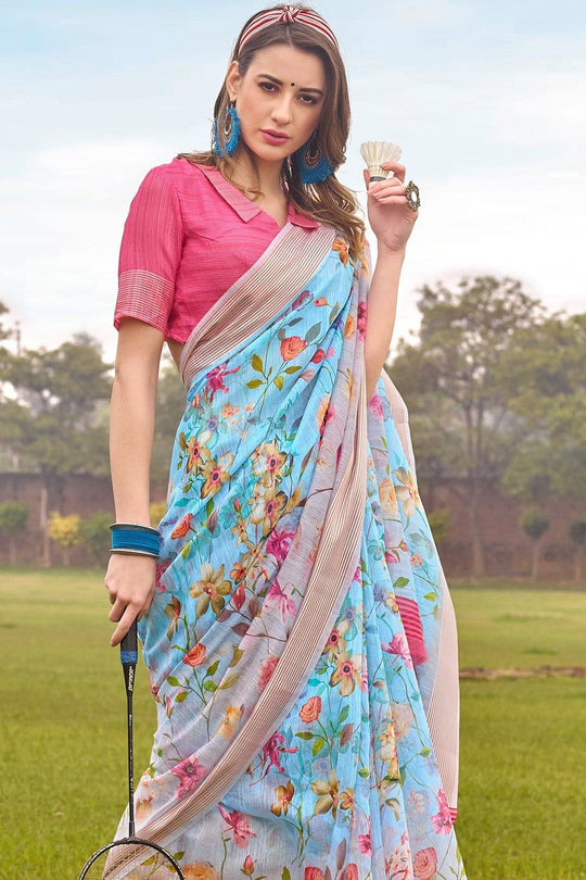 Beautiful Deep Sky Blue Linen Blend Saree