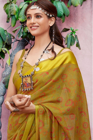 Beautiful Dijon Yellow Cotton Linen Blend Saree