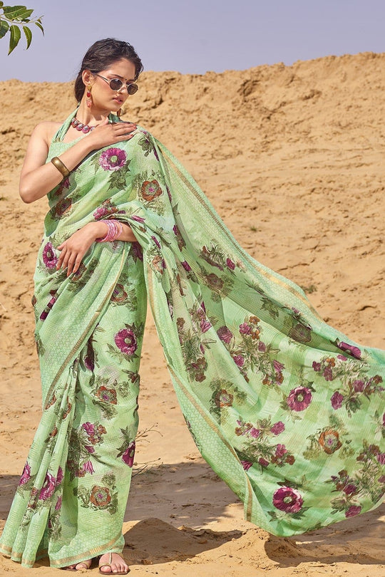 Beautiful Fern Green Cotton Linen Blend Saree