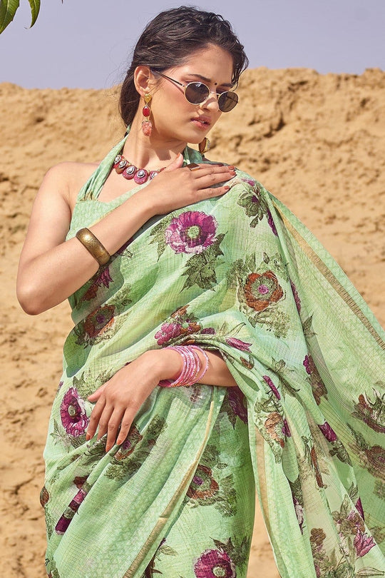 Beautiful Fern Green Cotton Linen Blend Saree