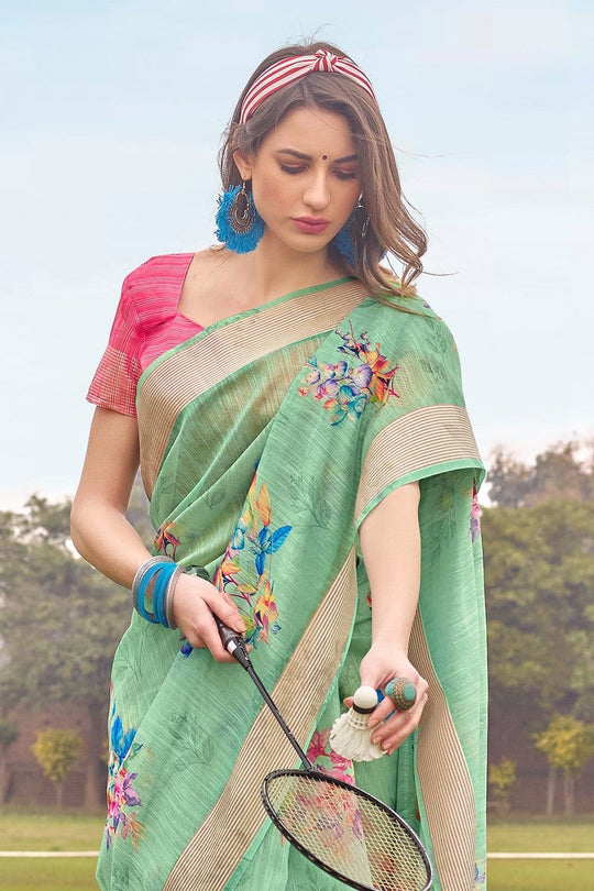 Beautiful Fern Green Linen Blend Saree