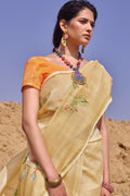 Beautiful Flaxen Yellow Cotton Linen Blend Saree