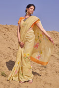 Beautiful Flaxen Yellow Cotton Linen Blend Saree
