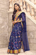 Beautiful Indigo Cotton Linen Blend Saree