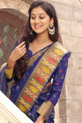 Beautiful Indigo Cotton Linen Blend Saree