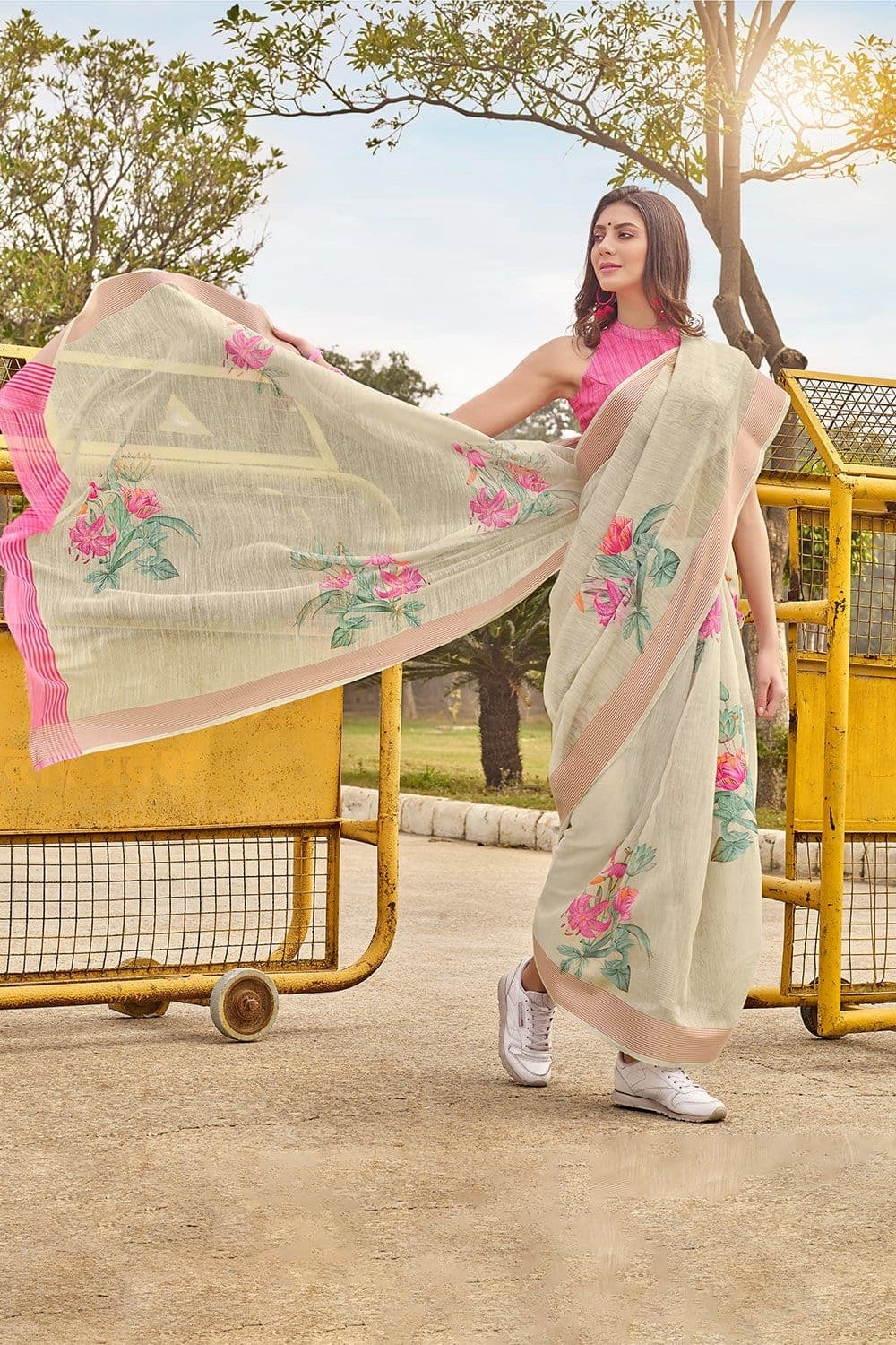 Beautiful Khaki Brown Linen Saree