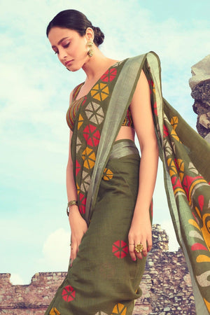 Beautiful Khaki Green Linen Saree