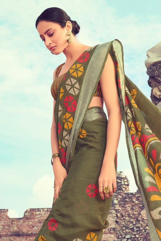Buy Beautiful khaki green linen saree online - Karagiri