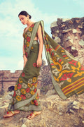 Buy Beautiful khaki green linen saree online - Karagiri