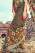 Buy Beautiful khaki green linen saree online - Karagiri
