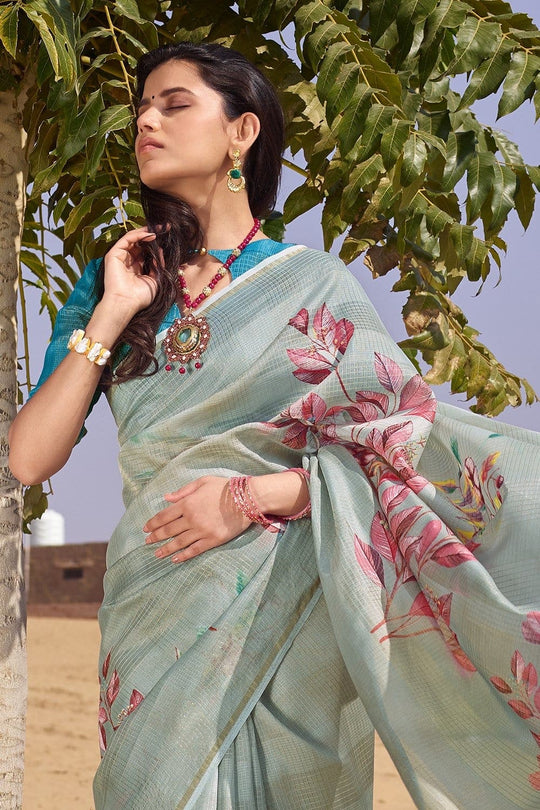 Beautiful Light Blue Cotton Linen Blend Saree