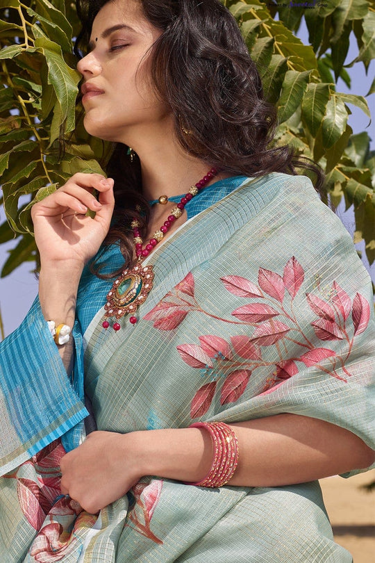 Beautiful Light Blue Cotton Linen Blend Saree