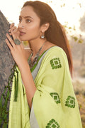 Beautiful Light Lime Green Linen Saree With Kalmkari Work