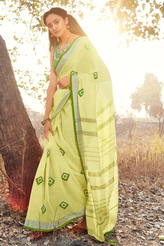 Beautiful Light Lime Green Linen Blend Saree With Kalmkari Work