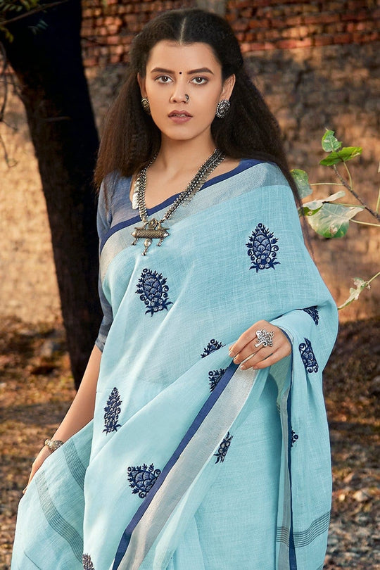 Beautiful Maya Blue Linen Blend Saree With Kalmkari Work