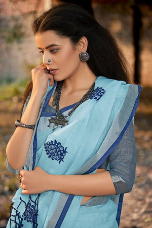 Beautiful Maya Blue Linen Saree With Kalmkari Work