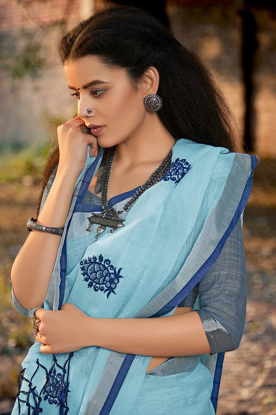 Beautiful Maya Blue Linen Blend Saree With Kalmkari Work