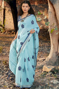 Beautiful Maya Blue Linen Saree With Kalmkari Work
