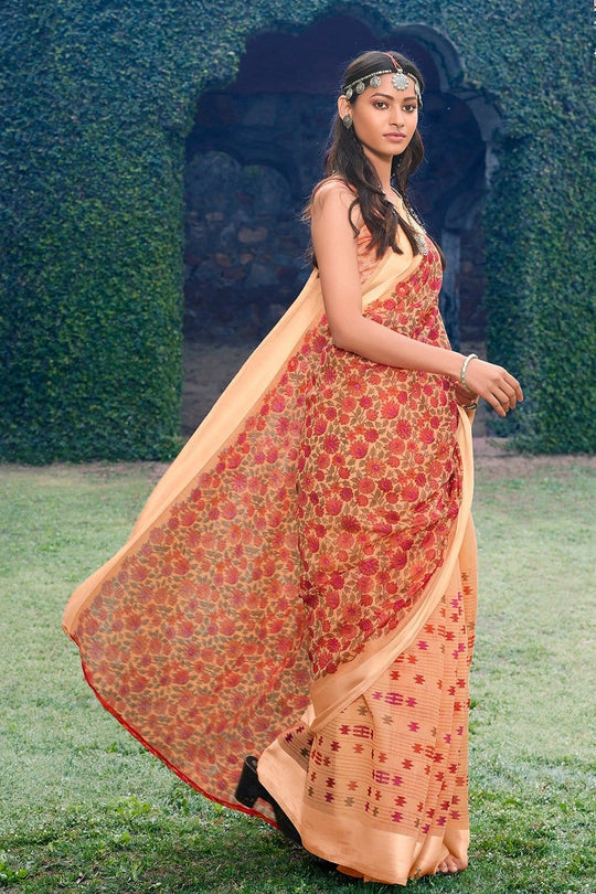 Beautiful Melon Orange Cotton Linen Blend Saree