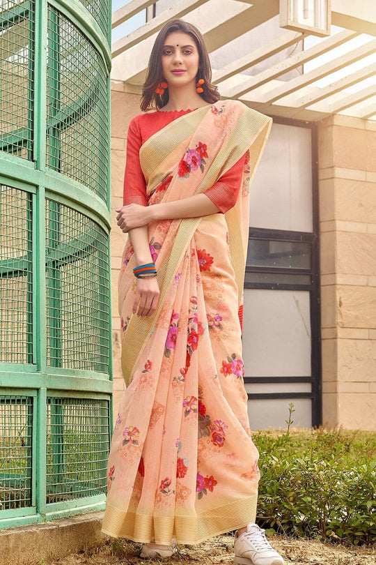 Beautiful Melon Orange Linen Blend Saree