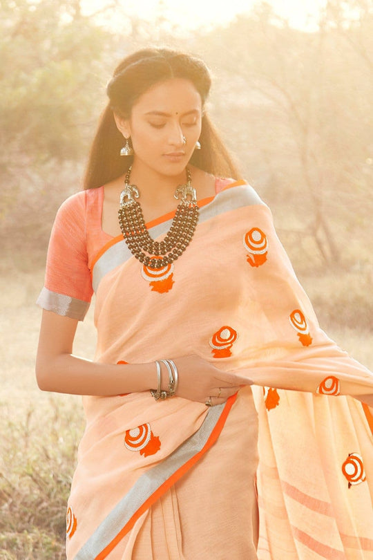 Beautiful Melon Orange Linen Blend Saree With Kalmkari Work