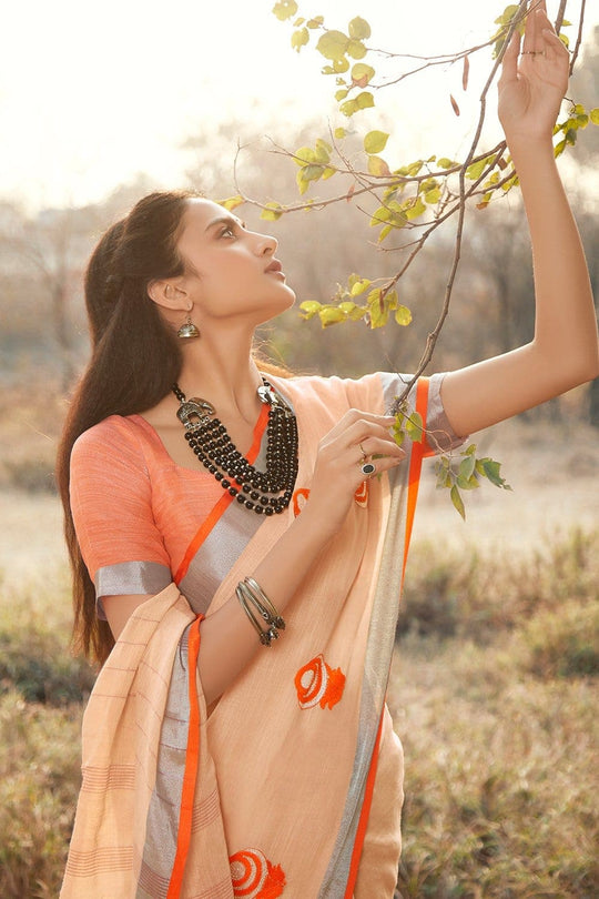 Beautiful Melon Orange Linen Blend Saree With Kalmkari Work
