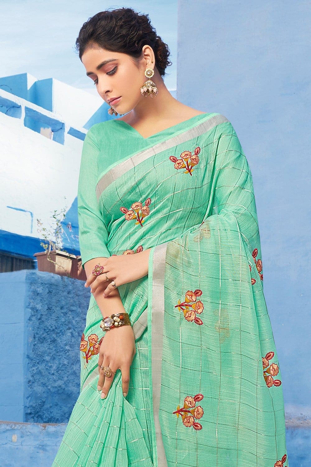 Beautiful Mint Green Linen Saree