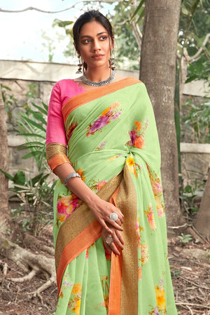 Beautiful Mint Green Linen Blend Saree
