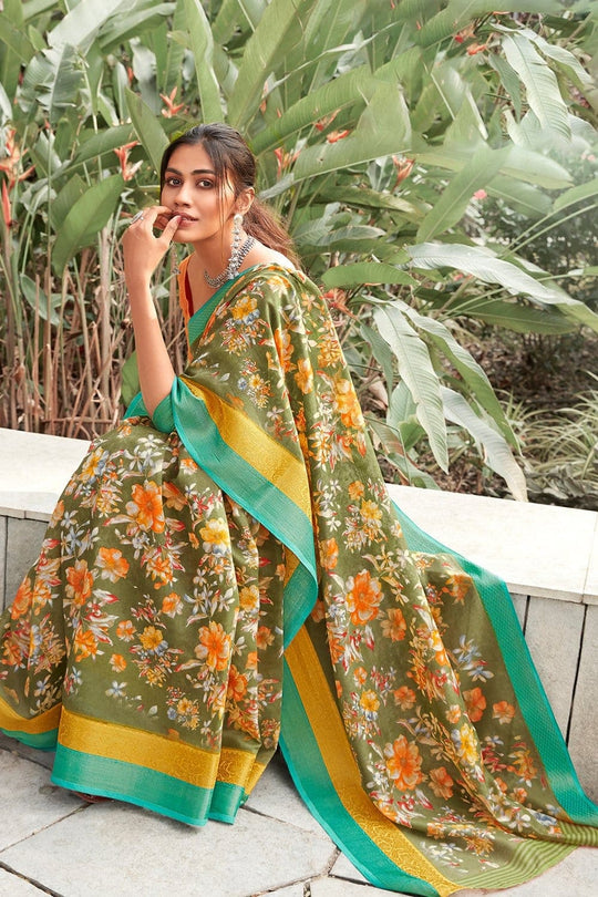Beautiful Moss Green Linen Blend Saree